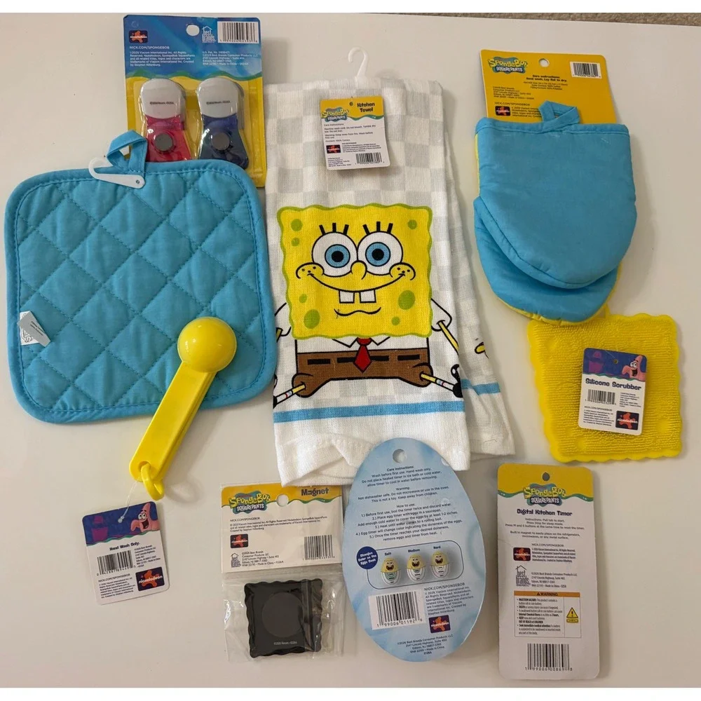 SpongeBob SquarePants Kitchen Set Timer Measuring Spoons Pot Holder Towel 10pc